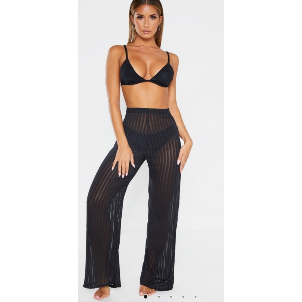 Prettylittlething Black Sheer Wide Leg Beach Pants